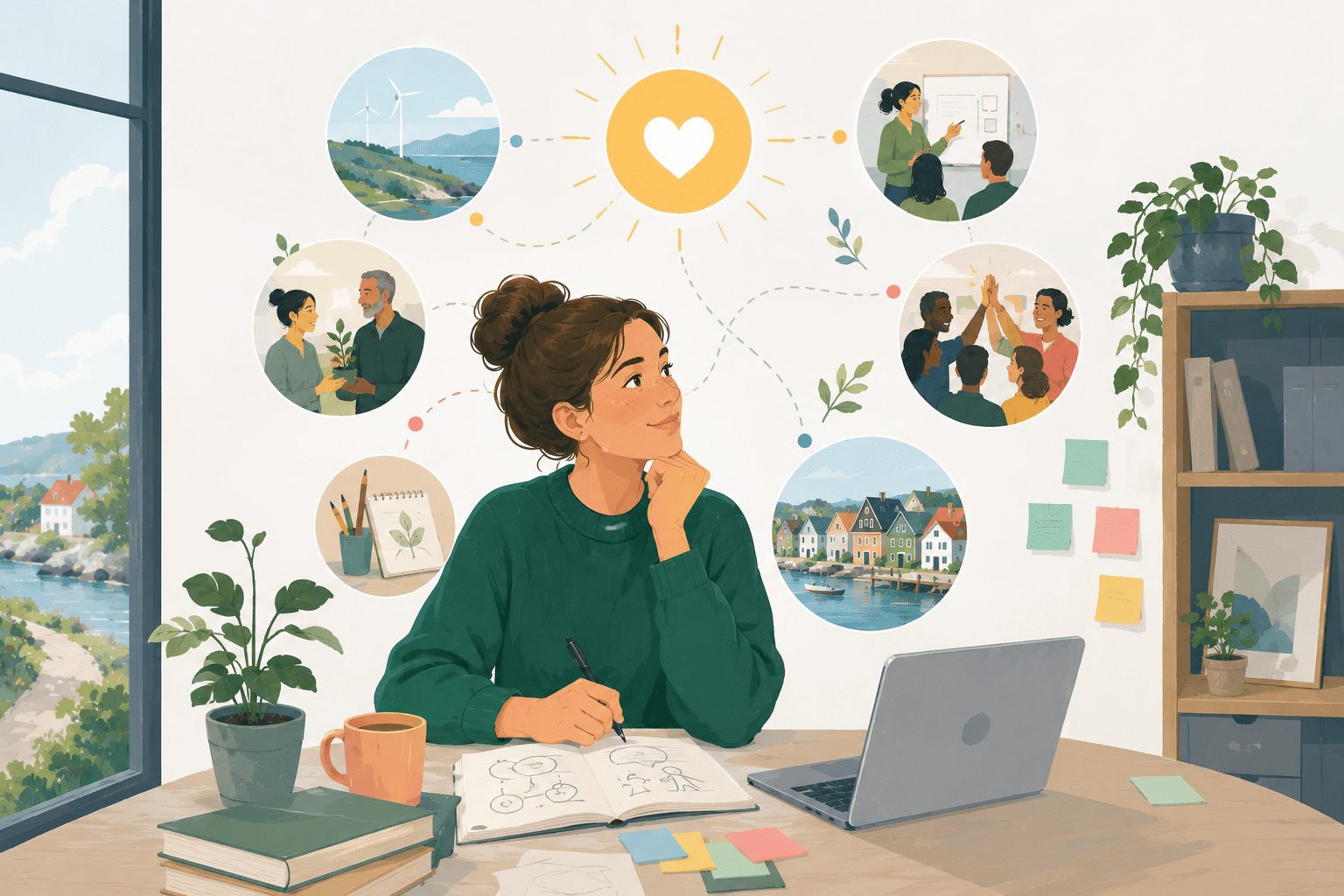 Illustration: A woman sitting at her desk. Over her it is a heart and "thinking bubles" with images of different situations